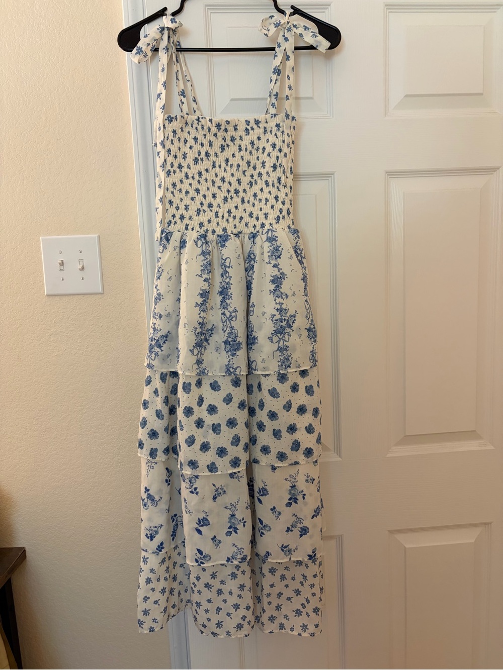Crystal Doll Blue Floral Tiered Tie-Shoulder Dress